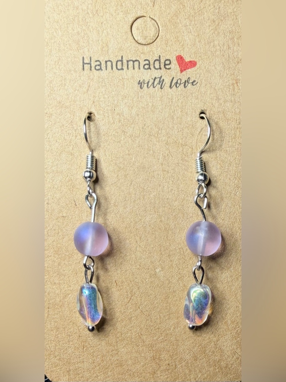 Handmade Lavender Glass Bead Dangle Earrings with Iridescent Drops